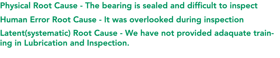 Physical Root Cause The bearing is sealed and difficult to inspect Human Error Root Cause It was overlooked during in...