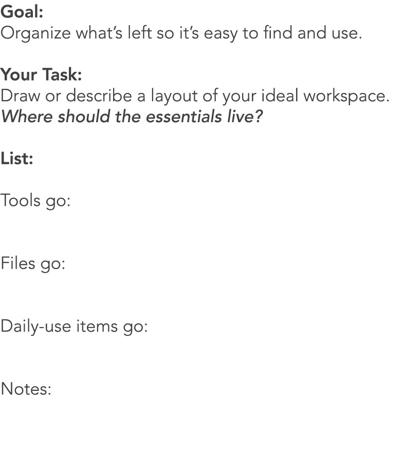 Goal: Organize what’s left so it’s easy to find and use. Your Task: Draw or describe a layout of your ideal workspace...