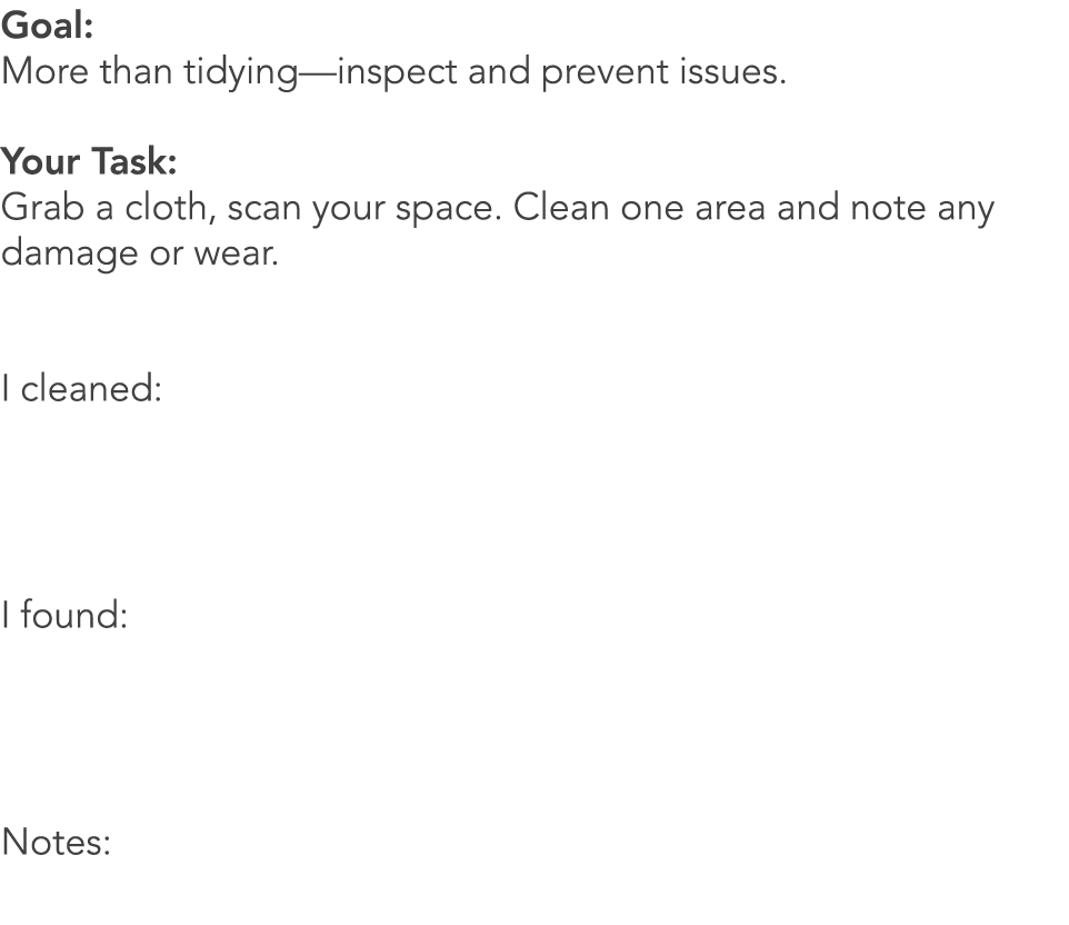 Goal: More than tidying—inspect and prevent issues. Your Task: Grab a cloth, scan your space. Clean one area and note...