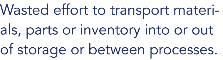 Wasted effort to transport materials, parts or inventory into or out of storage or between processes. 