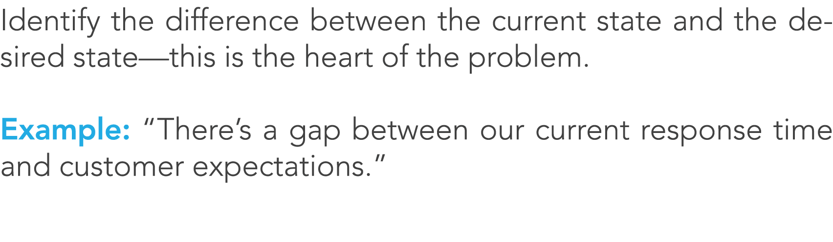 Identify the difference between the current state and the desired state—this is the heart of the problem. Example: “T...