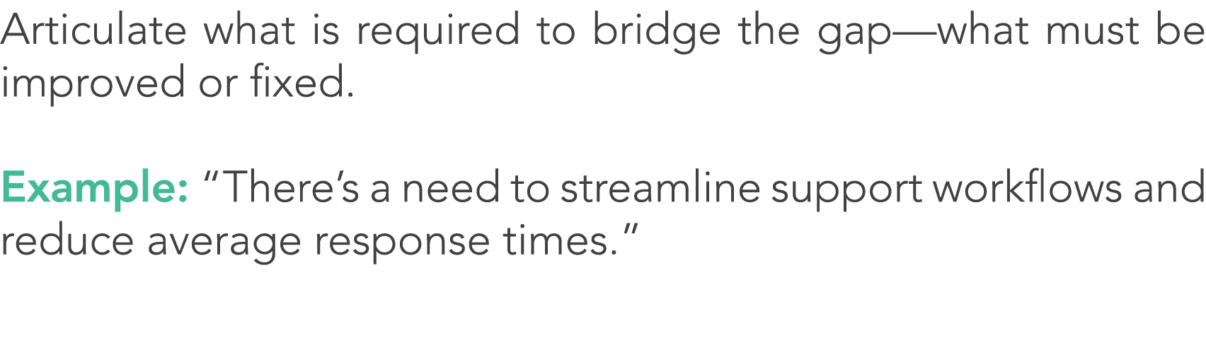 Articulate what is required to bridge the gap—what must be improved or fixed. Example: “There’s a need to streamline ...