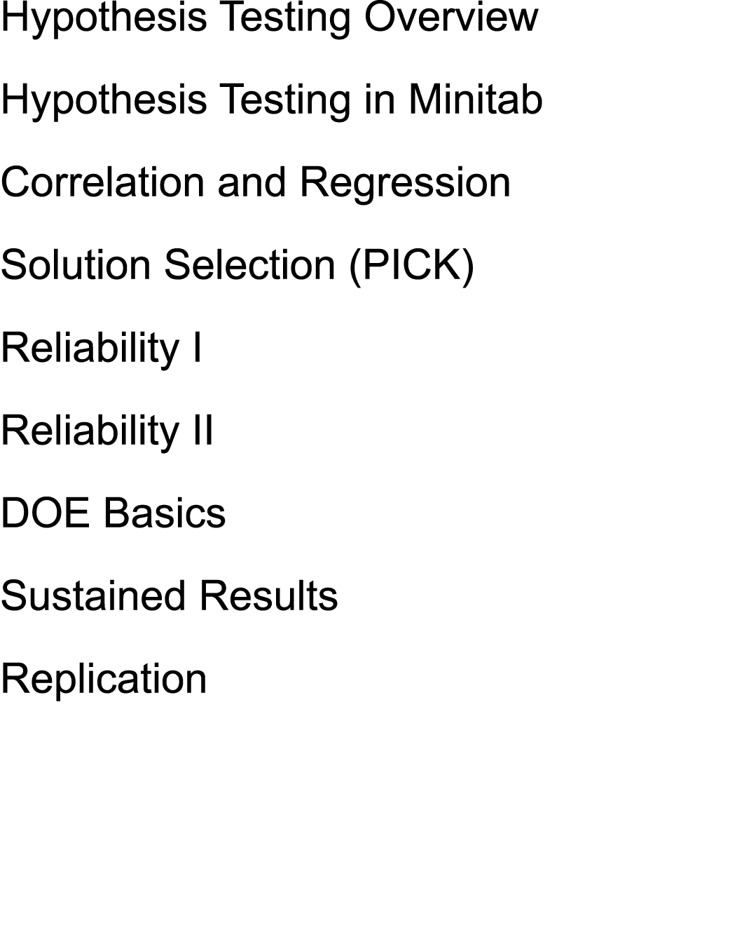 Hypothesis Testing Overview Hypothesis Testing in Minitab Correlation and Regression Solution Selection (PICK) Reliab...